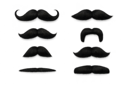 Set of realistic black mustache styles isolated on clean white background barber icon collection hipster facial hair silhouettes for design mockups and branding
