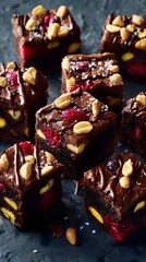 Deliciously decadent brownies with raspberries, nuts, and chocolate drizzle. A tempting treat for dessert lovers and brownie enthusiasts.