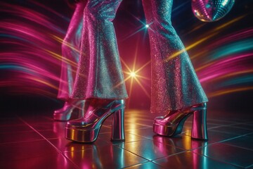Gleaming disco dance floor with glittering legs in metallic bell bottoms mirrorball reflections and neon flares celebrating 1970s nightlife energy