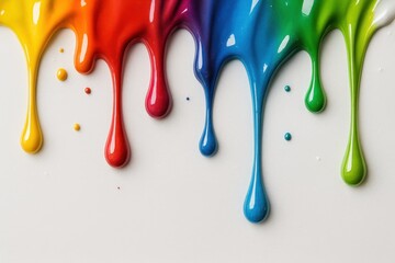 Vibrant dripping rainbow paint splashes forming fluid gradient ribbons on clean white header background glossy wet texture energetic abstract design