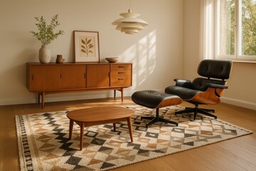 Serene mid century modern living room with teak sideboard patterned rug iconic lounge chair and sculptural pendant light bathed in warm morning glow