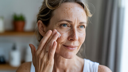 Mature woman gently applying face cream for skincare routine, enjoying self-care
