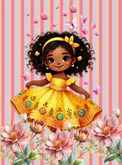 Cute African American Girl in Yellow Dress with Butterflies and Flowers
