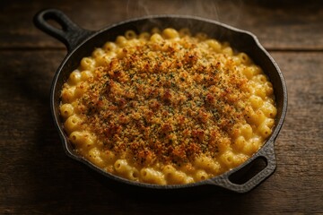 Golden baked four cheese macaroni in cast iron skillet with crunchy herb crumbs and gentle steam on a rustic table
