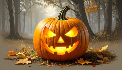 Obraz premium Jack-o'-lantern in misty forest