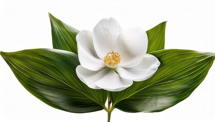 Obraz premium White Flower With Green Leaves Is Shown In The Foreground Isolated