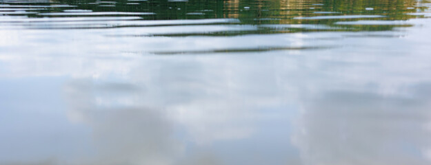 Calm lake water with reflections of sky and trees