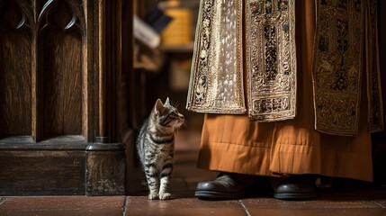 A small tabby kitten standing next to a clergyman in a church with a dark wooden door and a patterned robe. 	
