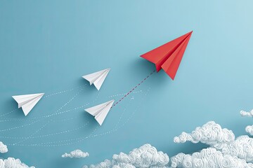 Red paper airplane leading white planes above clouds