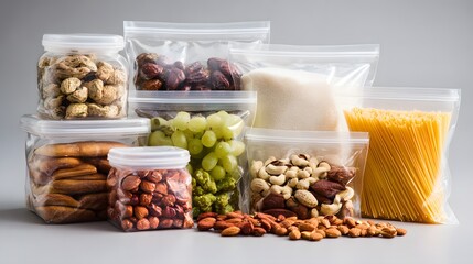 Assorted food items neatly organized in jars and clear resealable bags. Snacks, pasta, and grains are visible against a neutral background.