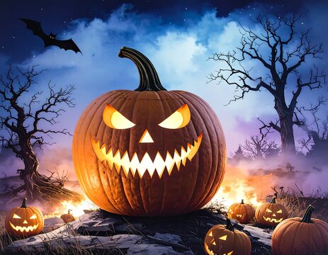 Jack-o'-lantern in spooky graveyard at night - Powered by Adobe