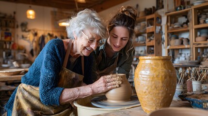 Two women, one older with glasses, collaborate on pottery at a spinning wheel. Skill-sharing and creativity in a bright, rustic studio.