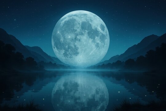 Mystic river under a giant silver moon with glowing mist and distant mountains dreamlike night landscape with surreal light and reflective water