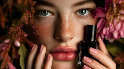 A model with light green eyes and freckles poses with a black nail polish bottle and pink flowers around her face and pink nails.