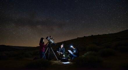 Three people stargazing with a telescope under a night sky filled with countless stars in a dark field