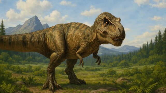 A realistic video still of a T-Rex in a prehistoric landscape. Captured from a low angle, emphasizing its size against a mountainous backdrop. Live desktop wallpaper.
