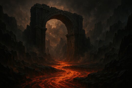 Ancient cavern gateway of fire and shadow inspired by Dantes Inferno with swirling embers crumbling stone arch and ominous red glow