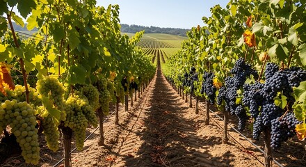 A vineyard stretching out in rows under a bright, sunny sky, showcasing the abundant clusters of grapes in a picturesque agricultural scene.