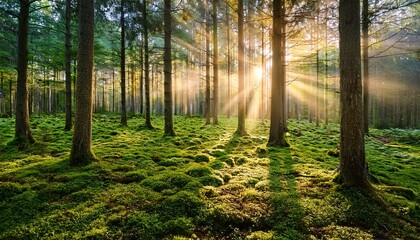 Fototapeta premium Early Morning Light Filtering Through Forest Trees And Green Moss