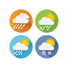 Fototapeta premium Colorful flat design weather forecast icons set with sun, clouds, rain, and snow