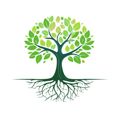 Obraz premium Stylized illustration of a tree with leaves, roots and a solid white background.