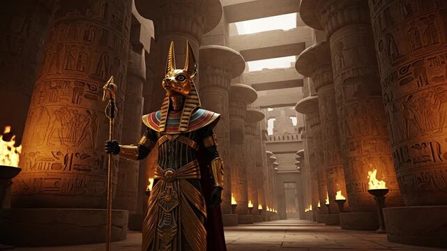 The ancient Egyptian god Anubis in golden armor standing in a majestic temple hall with hieroglyphs.
