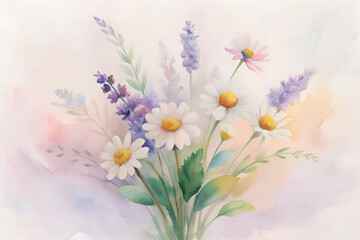 Obraz premium A watercolor painting of a bouquet of daisies and lavender flowers with a soft, pastelcolored background