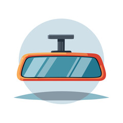 Fototapeta premium Interior car mirror with orange frame reflecting blue sky and clouds