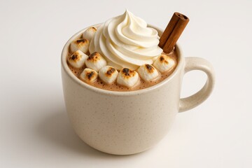 Steaming mug of gourmet hot cocoa with toasted marshmallows cinnamon stick and whipped cream isolated on pure white with soft studio shadow