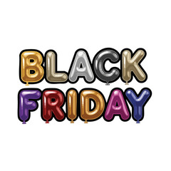 Black friday text made of balloon letters in gold silver purple red and blue on black background