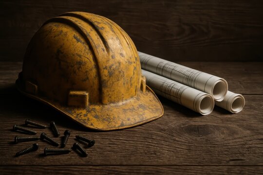 Yellow construction safety helmet on a rustic workbench with measuring tape and blueprints moody workshop light for training and safety campaigns