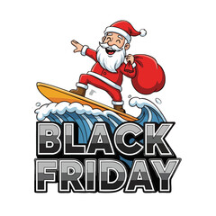 Santa claus surfing on a wave with a black friday sign against a black background illustration