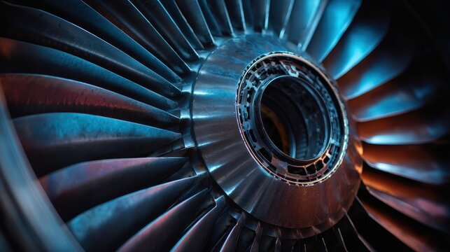 Dynamic Jet Engine Turbine Blades with Striking Blue  Orange Light Reflections, Industrial Precision.