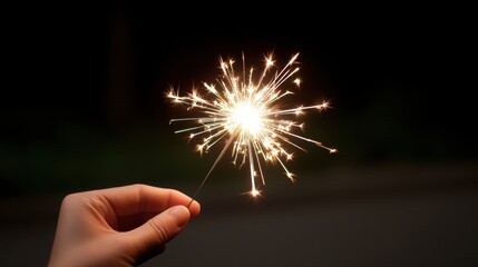 Weekday Wedding Vibes A hand holds a sparkling firework against a dark background, creating a vibrant display of light.