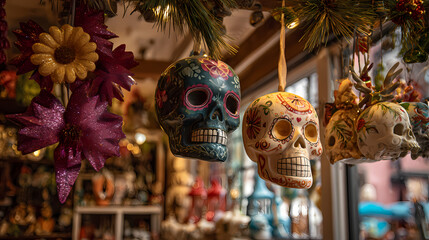 Colorful Sugar Skulls Hanging at a Mexican Market