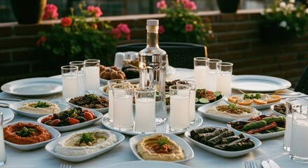 outdoor rakı dinner table with meze and flowers