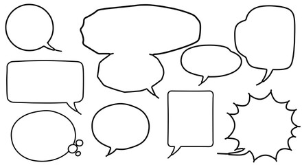Fototapeta premium A collection of nine different speech bubbles in various shapes and sizes, outlined in black on a white background, for use in comics or design.