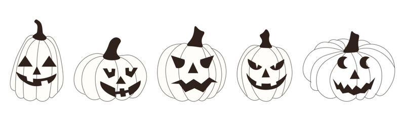 Set of Halloween black and white pumpkins with carved scary faces. Collection in different funny shapes and expressions