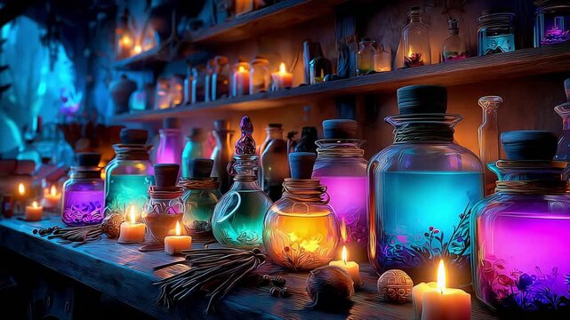 Mystical Potion Bottles Surrounded by Candles in a Beautiful Enchanted Setting