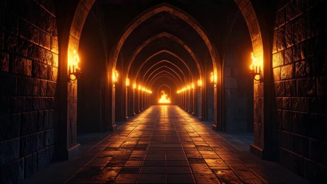 Long dark stone corridor with arched ceilings, flickering torch lights along the walls, and fire in the distance, medieval architecture