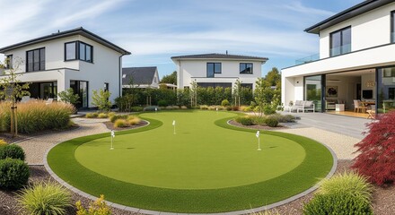 Luxury Backyard Putting Green in Modern Suburban Neighborhood