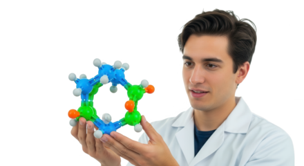 Young man in a lab coat holding a colorful molecular model, isolated on transparent background