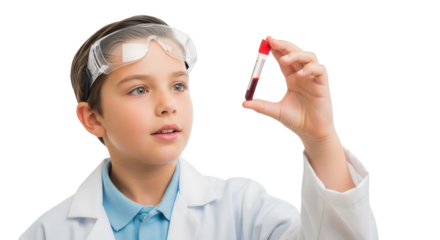 Young boy in lab coat and goggles examines a small test tube with red liquid, isolated on transparent background