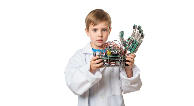 Surprised young boy in lab coat holding electronic components and robotic hand isolated on transparent background