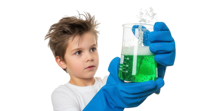 Young boy wearing blue gloves and lab coat, holding a beaker with green liquid and bubbles, isolated on transparent background - Powered by Adobe