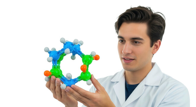 Young man in a lab coat holding a colorful molecular model, isolated on transparent background