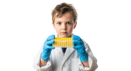 Young boy in a lab coat and blue gloves holds a yellow object, isolated on transparent background
