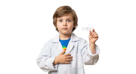 Surprised young boy in a lab coat and blue gloves holds a small white object, isolated on transparent background
