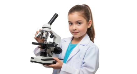 Young girl in a white lab coat holds a microscope, ready for scientific exploration isolated on transparent background