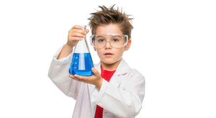 A young boy in a lab coat and goggles examines a flask with blue liquid, isolated on transparent background